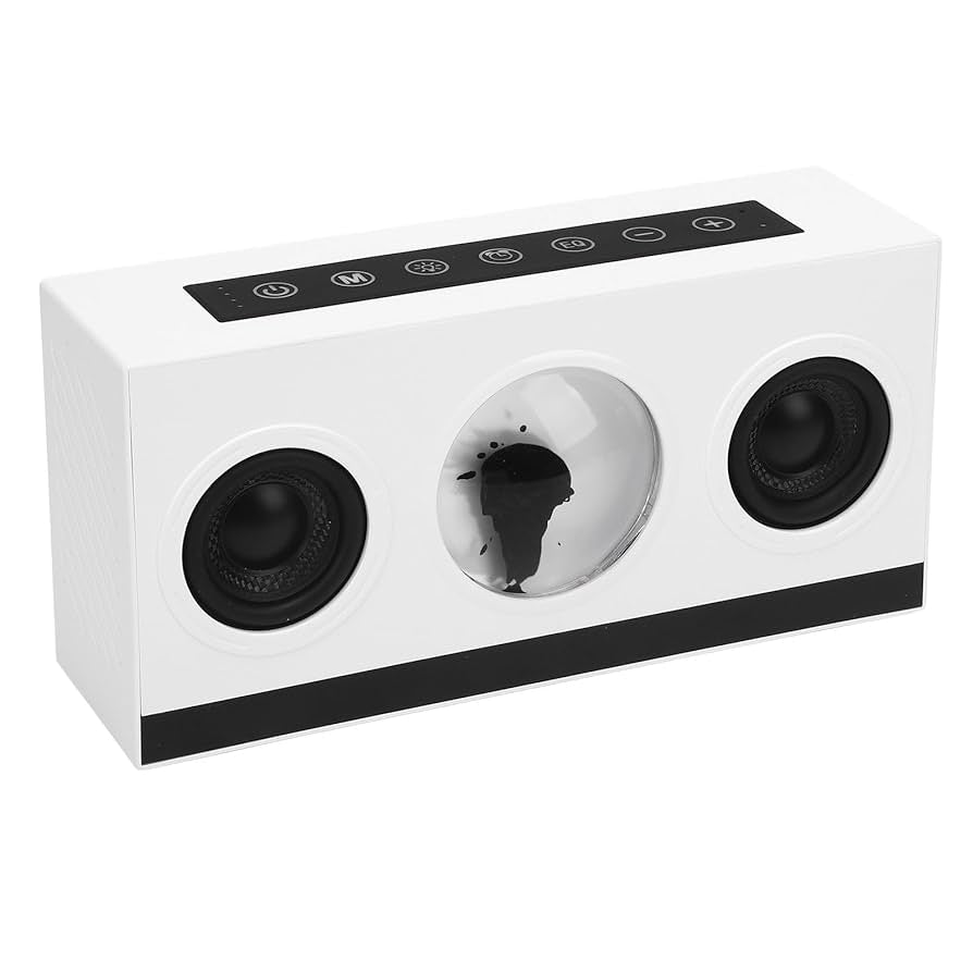White Bluetooth speaker with black accents on a white background